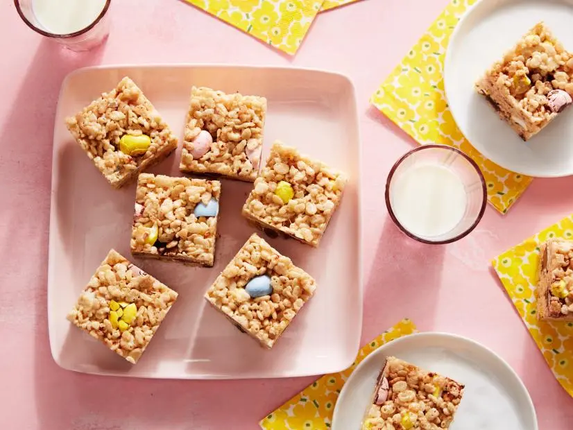 Chewy crispy rice treats studded with colorful mini chocolate eggs and chopped marshmallow chicks